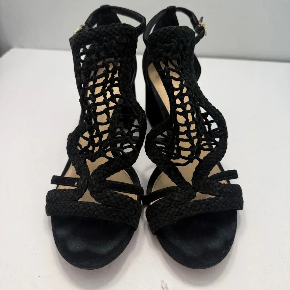 Alexandre Birman‎ Black Suede Leather Braided Strappy Heel Sandals Size 38.5
